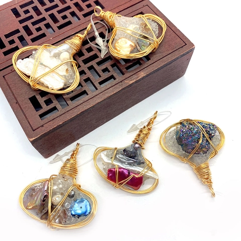 Natural Stone Artificial Baroque Pearl Wire Wrapped Pendant Irregular Handmade DIY Jewelry Making Crystal Cluster Shell Pendant Only Without Chain