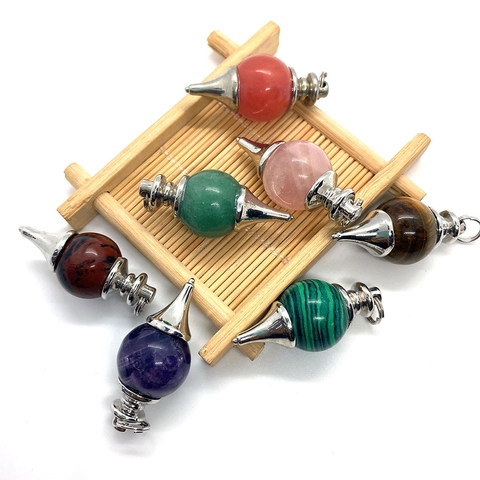Natural Stone Round Ball Pendulum Pendant For Dowsing Divination Silver Color Alloy Cap Polished Gemstone DIY Jewelry Making