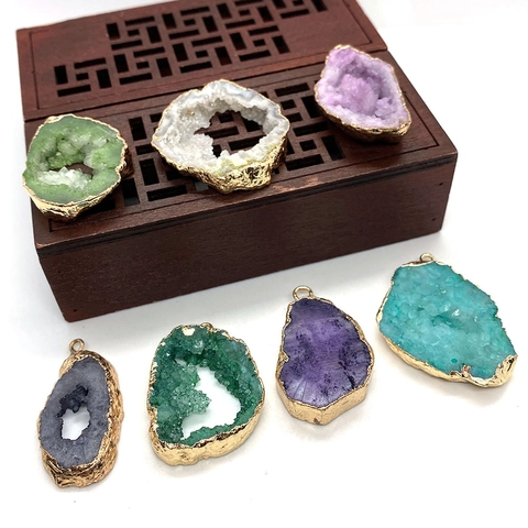 Natürlicher Druzy Achat Geode Wassertropfen Anhänger Vergoldete Kante Naturstein Kristall Charm Für DIY Schmuckherstellung Halskette
