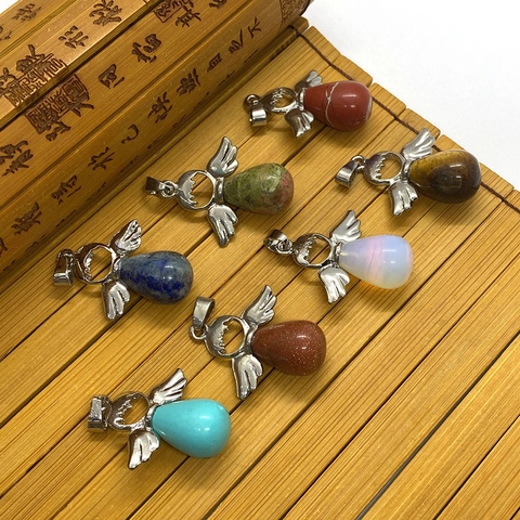 Ciondolo a Goccia d'Acqua con Ali d'Angelo in Pietra Naturale Con Gancio in Argento 925 per Creazione di Gioielli DIY