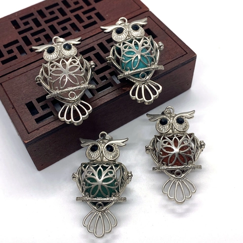 Vintage Owl Hollow Locket Pendant With Natural Stone Sphere Inlaid Alloy Pendant Only For DIY Jewelry Making Accessories