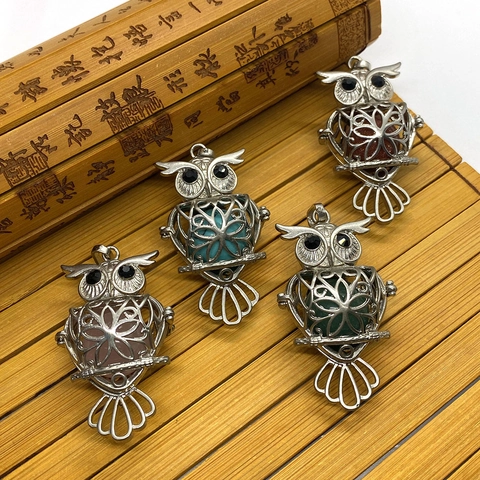 Vintage Owl Hollow Locket Pendant With Natural Stone Sphere Inlaid Alloy Pendant Only For DIY Jewelry Making Accessories