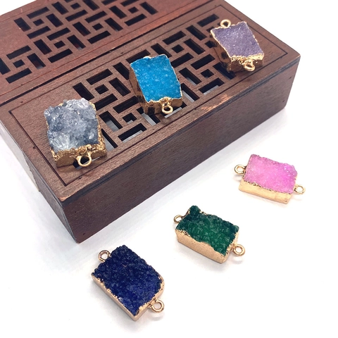 Natural Stone Rectangle Druzy Connector Pendant Gold Plated Crystal Double Loop For DIY Jewelry Making Accessories