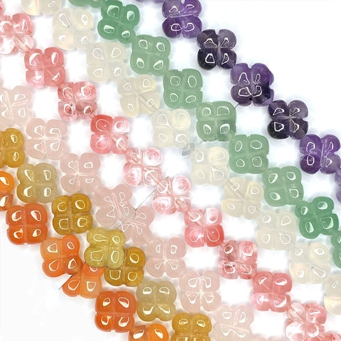 Natural Stone Four Leaf Clover Loose Beads For DIY Jewelry Making Amethyst Green Aventurine Rose Quartz Agate Flower Beads