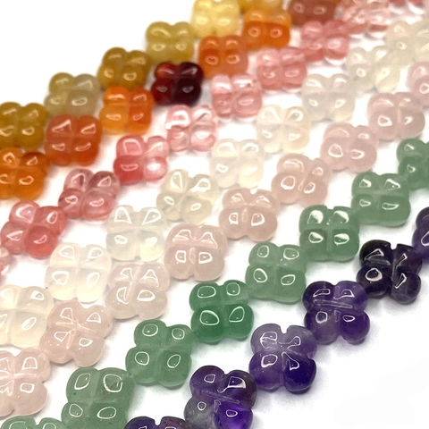 Natural Stone Four Leaf Clover Loose Beads For DIY Jewelry Making Amethyst Green Aventurine Rose Quartz Agate Flower Beads