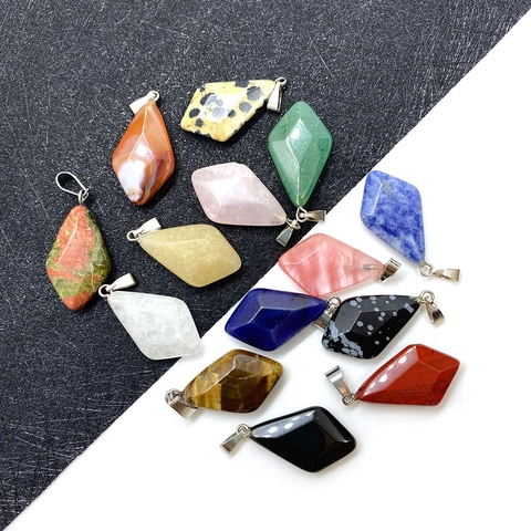Natural Stone Faceted Rhombus Pendant Only Without Chain For DIY Jewelry Making Geometric Stone Charm For Women Men Accessories