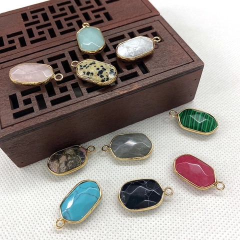 Oval Natural Stone Faceted Pendant With Gold Plated Alloy Frame Vintage DIY Gemstone Charms For Jewelry Making Findings