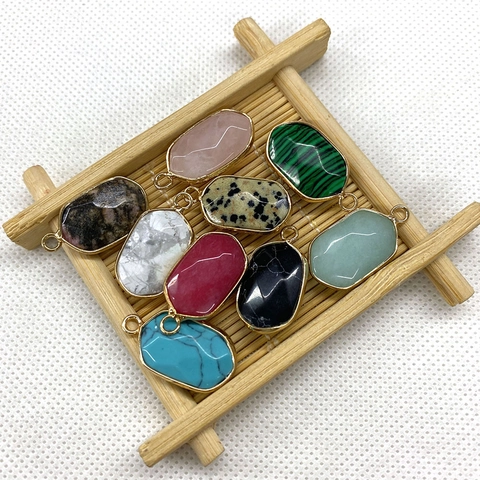 Oval Natural Stone Faceted Pendant With Gold Plated Alloy Frame Vintage DIY Gemstone Charms For Jewelry Making Findings
