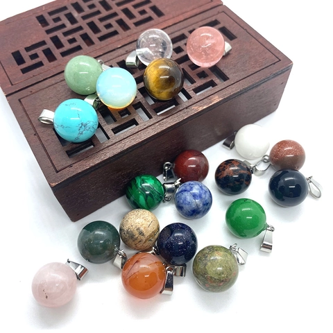 Round Ball Natural Stone Pendant With Metal Bail Smooth Polished Gemstone Quartz Crystal Charms For DIY Necklace Jewelry Making