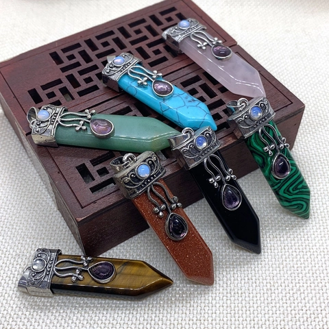 Vintage Hexagonal Column Sword Shaped Natural Stone Pendant With Alloy Rhinestone Inlaid Bohemian Style For Jewelry Making DIY Necklace Accessory