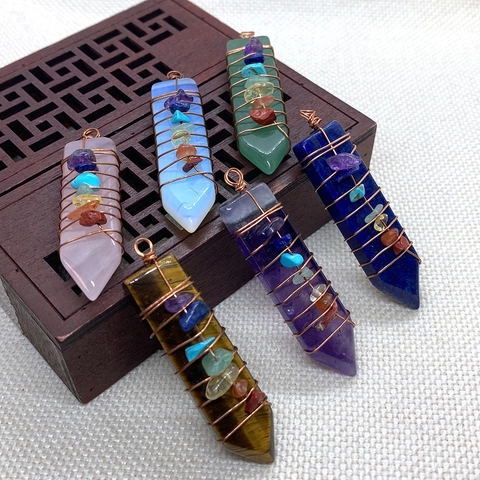 Natural Stone Hexagonal Column Seven Chakra Wire Wrapped Pendant For Women Men Healing Crystal Necklace Pendant Jewelry