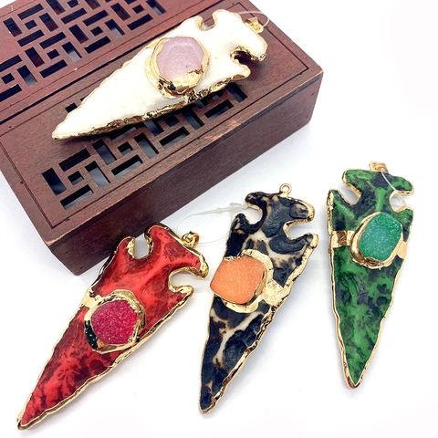 Colgante de Punta de Flecha de Piedra Natural para Creación de Joyas DIY Borde de Cobre Chapado en Oro Dije Druzy Étnico