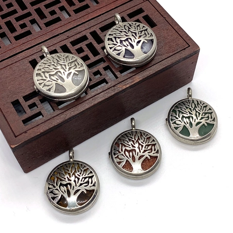 Tree of Life Hollow Round Locket Pendant Necklace Connector Natural Stone Amethyst Tiger Eye For DIY Jewelry Making Women