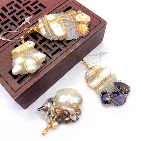 Natural Freshwater Pearl Pendant Handmade Gold Wire Wrapped Natural Crystal Cluster Irregular Baroque Pearl Pendant For DIY Jewelry Making Women