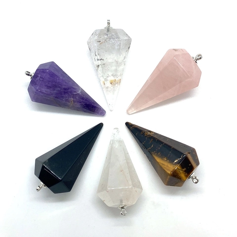 Natural Stone Hexagonal Cone Pointed Pendant Only (Without Chain) Faceted Healing Crystal DIY Jewelry Making Accessory Gemstone Amethyst Tiger Eye
