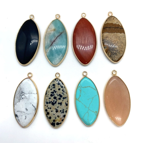 Marquise Natural Stone Pendant Gold Plated Alloy Frame Rice Shape Jasper Turquoise Charm For DIY Jewelry Making Women Necklace