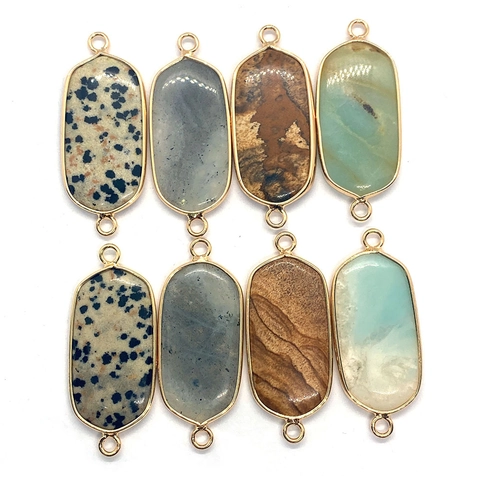 Natural Stone Oval Pendant Connector Dalmatian Jasper Picture Jasper Gold Plated Alloy Double Hole Charms For DIY Necklace Bracelet Jewelry Making