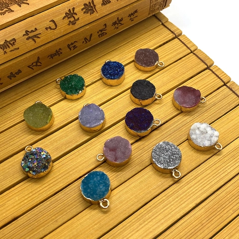 Natural Stone Crystal Druzy Pendants With Gold Plated Bezel Round Connectors For DIY Jewelry Making Necklaces Bracelets Accessories