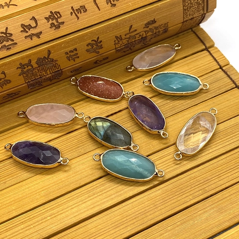 Faceted Natural Stone Oval Connector Pendant With Gold Plated Alloy Edge Amethyst Rose Quartz Amazonite For DIY Jewelry Making Finding