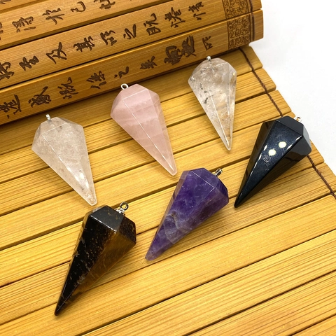 Natural Stone Faceted Cone Pendant Amethyst Rose Quartz Hexagonal Point Pendant Only DIY Necklace Jewelry Making For Women