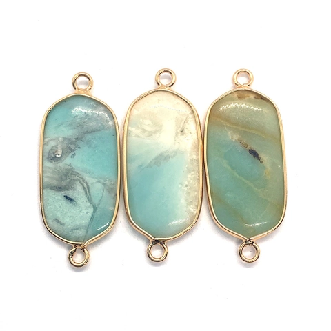 Natural Stone Oval Pendant Connector Metal Wrapped Edge Dalmatian Jasper Picture Stone DIY Necklace Bracelet Jewelry Making Accessories