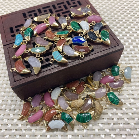 Pendentifs Croissant de Lune en Pierre Naturelle Plaqué Or Charms Facettés pour Fabrication de Bijoux DIY Collier Boucles d'Oreilles