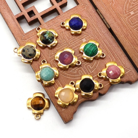 Vintage Stainless Steel Natural Stone Cross Pendant Retro Gold Plated Semi-Precious Stone DIY Necklace Jewelry Accessories