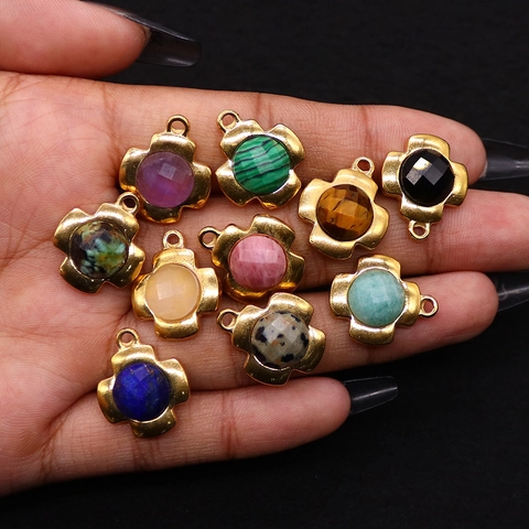 Vintage Stainless Steel Natural Stone Cross Pendant Retro Gold Plated Semi-Precious Stone DIY Necklace Jewelry Accessories