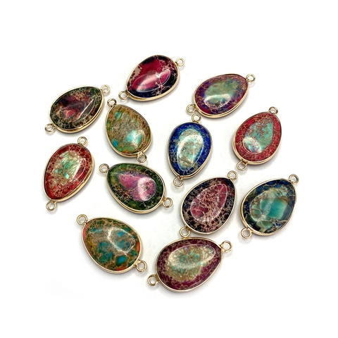 Natural Stone Teardrop Pendant Connector With Gold Plated Copper Edge Double Hole Imperial Jasper Jewelry Making Finding