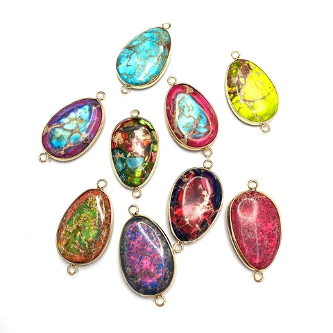 Natural Imperial Jasper Teardrop Connector Pendant Stainless Steel Gold Border Double Loop DIY Necklace Jewelry Making Accessory