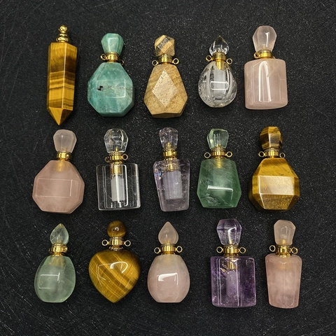 Natural Stone Mini Perfume Bottle Pendant Rose Quartz Amethyst Tiger Eye Essential Oil Bottle Charm For Jewelry Making DIY Necklace Accessory
