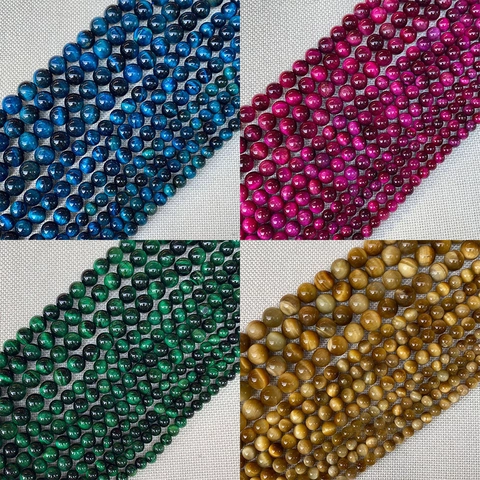 Natural Tiger Eye Stone Round Loose Beads Blue Green Gold Purple Pink Chatoyancy Polished DIY Jewelry Making Accessories