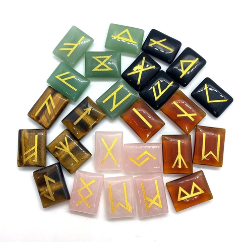 Juego de Piedras Rúnicas de Piedra Natural Rectangular Símbolos Grabados para Adivinación Meditación Amatista Cuarzo Rosa