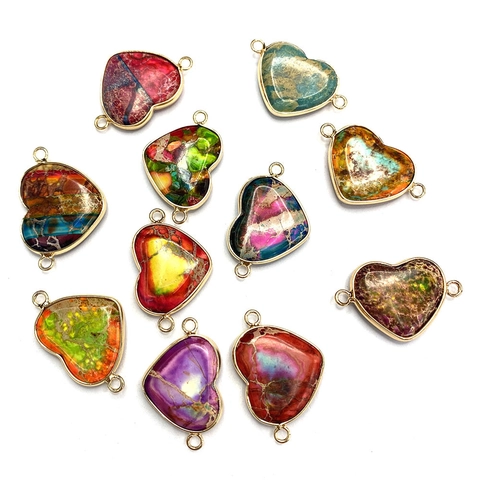 Natural Stone Imperial Jasper Heart Pendant Connector Double Hole Gold Plated Alloy Bezel DIY Jewelry Making Parts Connector