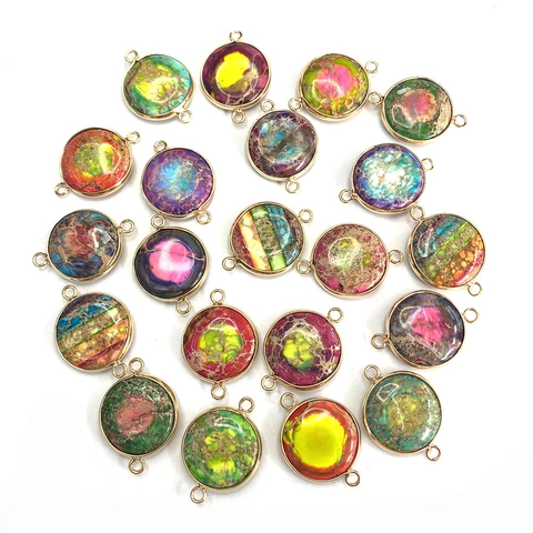 Natural Stone Imperial Jasper Round Oval Connector Pendants For DIY Jewelry Making Gold Plated Alloy Double Loop Links