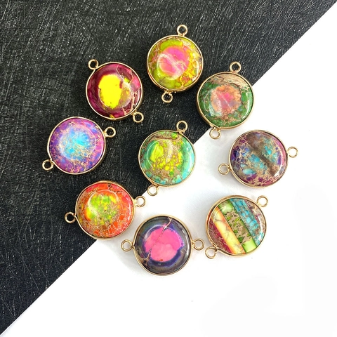 Natural Stone Imperial Jasper Round Oval Connector Pendants For DIY Jewelry Making Gold Plated Alloy Double Loop Links