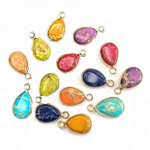Pendentifs Goutte en Pierre Naturelle Jaspe Impérial Charms Goutte d'Eau Bord Doré Accessoires de Fabrication Bijoux Collier DIY