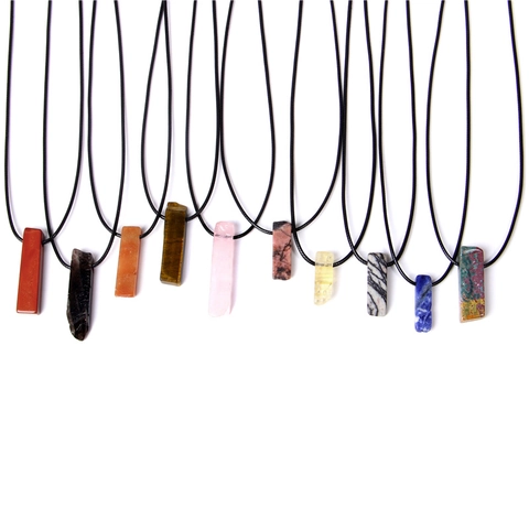 Vintage Natural Crystal Stone Pendant Necklace Irregular Bar Shaped Raw Ore Healing Crystal Necklaces With Wood Beads Adjustable Rope Chain For Unisex Jewelry