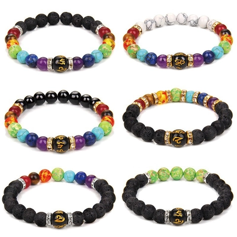 Bracciale in Pietra Naturale da Uomo Donna con Perline in Pietra Lavica Agata Energia Curativa Chakra Bracciale con Perlina Mantra Strass Corda Elastica Gioielli