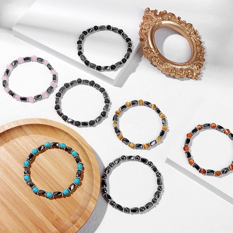 Natural Stone Tiger Eye Hematite Beaded Bracelet For Men Energy Magnetic Therapy Elastic Strand Bracelet Fashion Jewelry