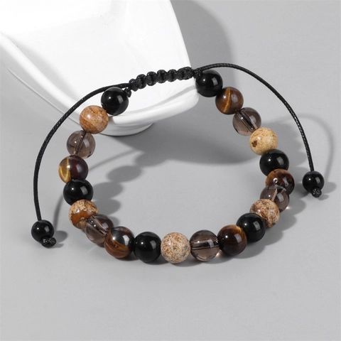 Pulsera Trenzada de Piedra Natural Ajustable Cuarzo Ahumado Ágata Cuentas Tejida a Mano Joyas Vintage para Hombre Mujer Diario Viaje Regalo