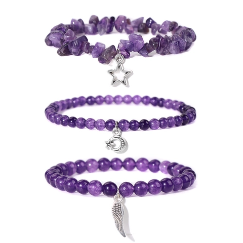 Natural Stone Agate Beaded Bracelet Set For Women Bohemian Star Moon Feather Pendant Elastic Hand Chain Jewelry Gift