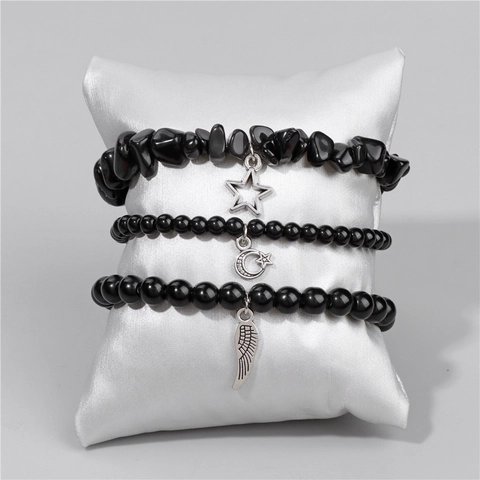 Natural Stone Agate Beaded Bracelet Set For Women Bohemian Star Moon Feather Pendant Elastic Hand Chain Jewelry Gift