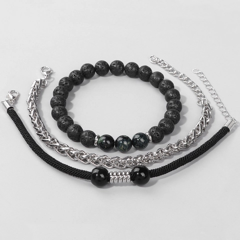 Set di Braccialetti da Uomo in Agata di Pietra Naturale Retro Catena Cubana in Acciaio Inossidabile Gioielli con Corda Intrecciata Fatti a Mano