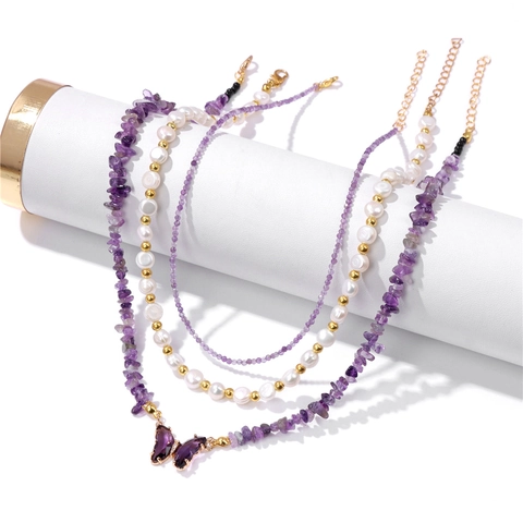 Triple Layered Butterfly Pendant Necklace Artificial Pearl Natural Stone Vintage Multilayer Necklaces Jewelry For Women