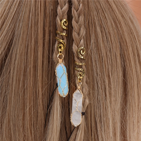 Vintage Natural Stone Hexagonal Column Dreadlock Hair Accessories Wire Wrapped Bohemian Spiral Hair Cuffs Jewelry For Women