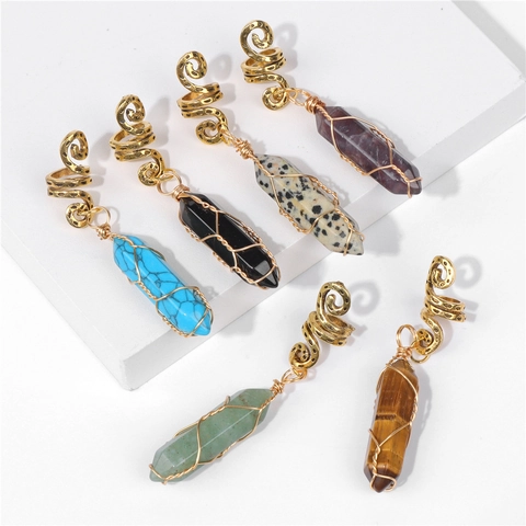 Vintage Natural Stone Hexagonal Column Dreadlock Hair Accessories Wire Wrapped Bohemian Spiral Hair Cuffs Jewelry For Women