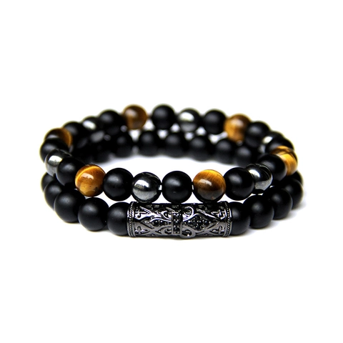2pcs Set Natural Stone Bead Bracelet For Men Women Skull Cross Micro Pave Alloy Tube Retro Punk Gothic Elastic Jewelry