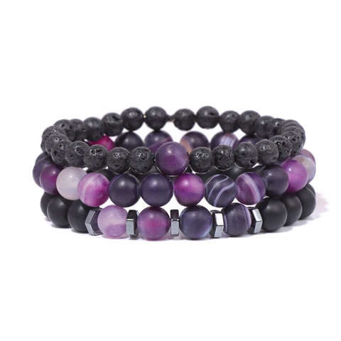 Pulsera de Cuentas de Ágata Rayada Mate y Piedra de Lava Natural para Hombre Mujer Regalo de Negocios Joyería Estilo Étnico