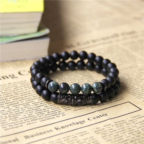 2pcs Set Natural Stone Bead Bracelet For Men Women Skull Cross Micro Pave Alloy Tube Retro Punk Gothic Elastic Jewelry